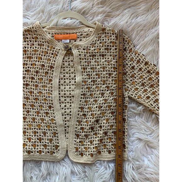 Vtg Y2K Cottage Core Ecru Crochet Gem Beaded Open shrug Cardigan Broach Clasp - Picture 8 of 10